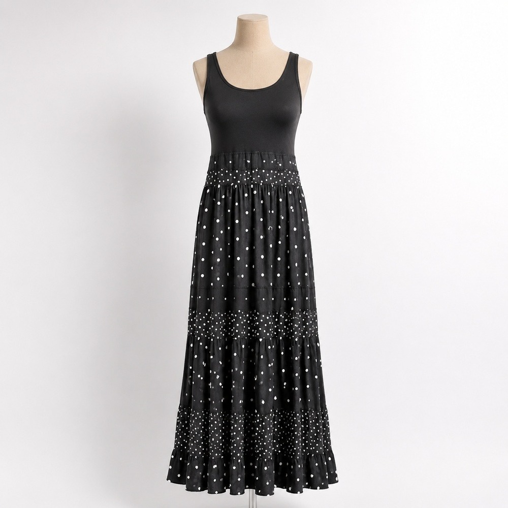 Anthropologie Colima Tiered Polka Dot Maxi Dress Size M Black Boho Preppy Flowy